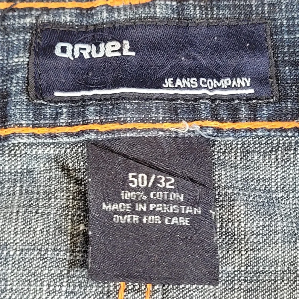 Qruel Jeans Company Mens 50x32 Wide Leg Denim Dark Wash Orange Stitch Blue